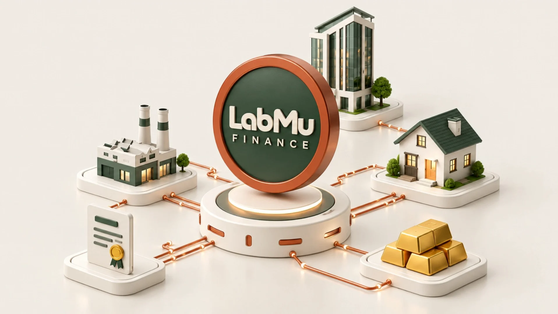 A LabMu Finance medallion connected to miniature businesses and assets.